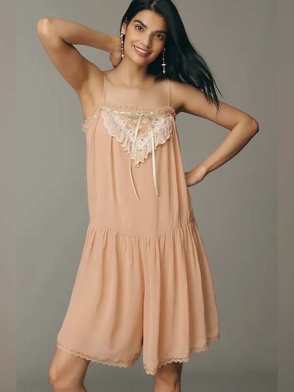Anthropologie Lace Square neck nude Peach Lace-Trim Chemise Romper